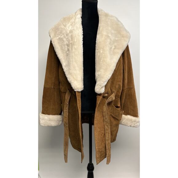 Y2K Brown Suede Leather Faux Fur Afghan Penny Lane Coat Boho Western Large Hood - Picture 1 of 14